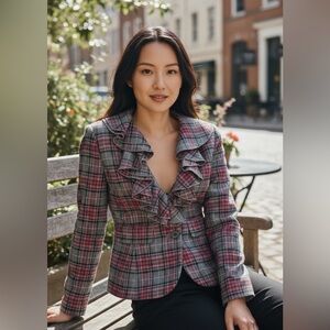 BOSTON PROPER Y2K Plaid‎ Wool Blend Blazer Equestrian Ruffle Pink Grey Vintage 2